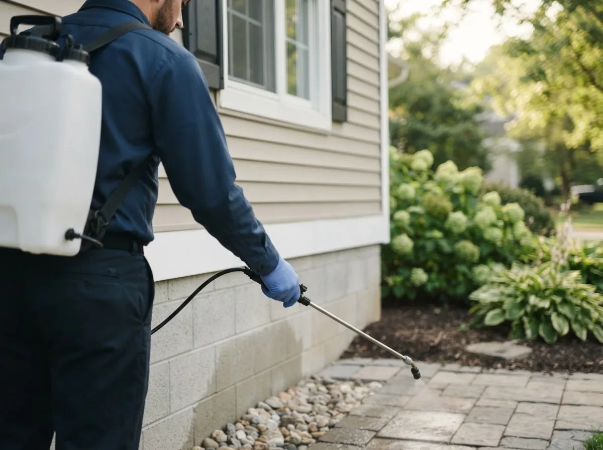 Pest control technician inspecting a home in Franklin, IL